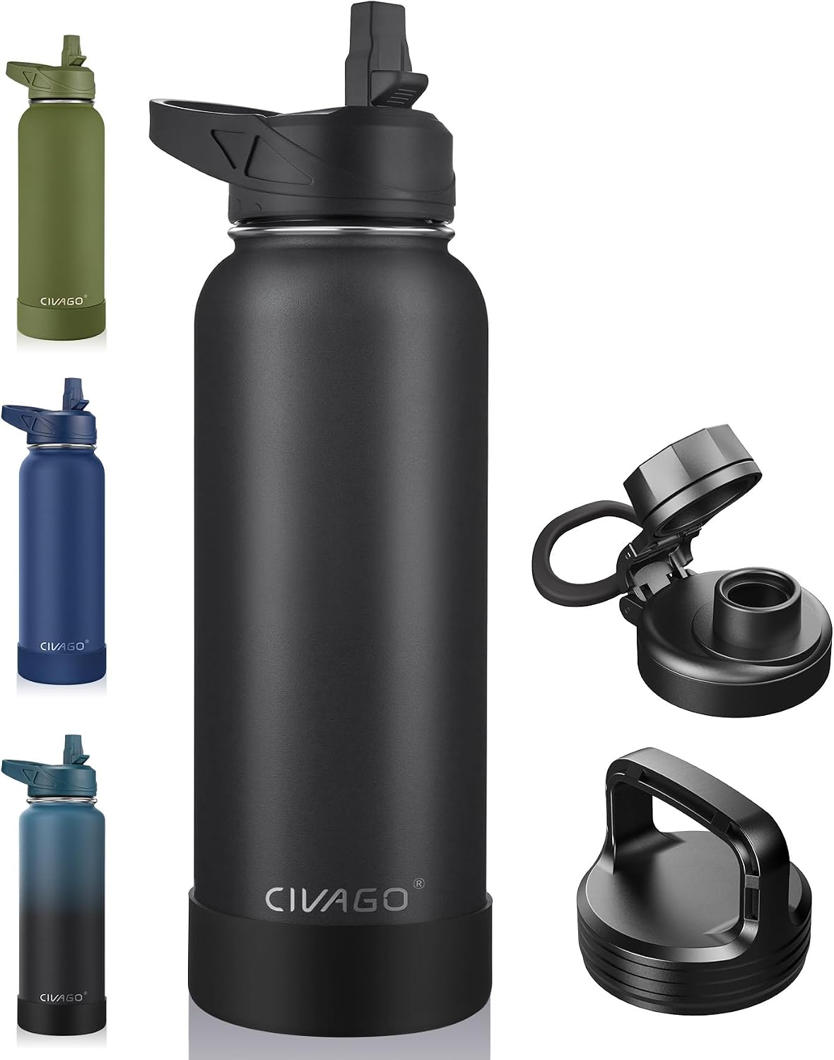 CIVAGO 40 oz Insulated Stainless Steel Water Bottle With Straw and 3 Lids