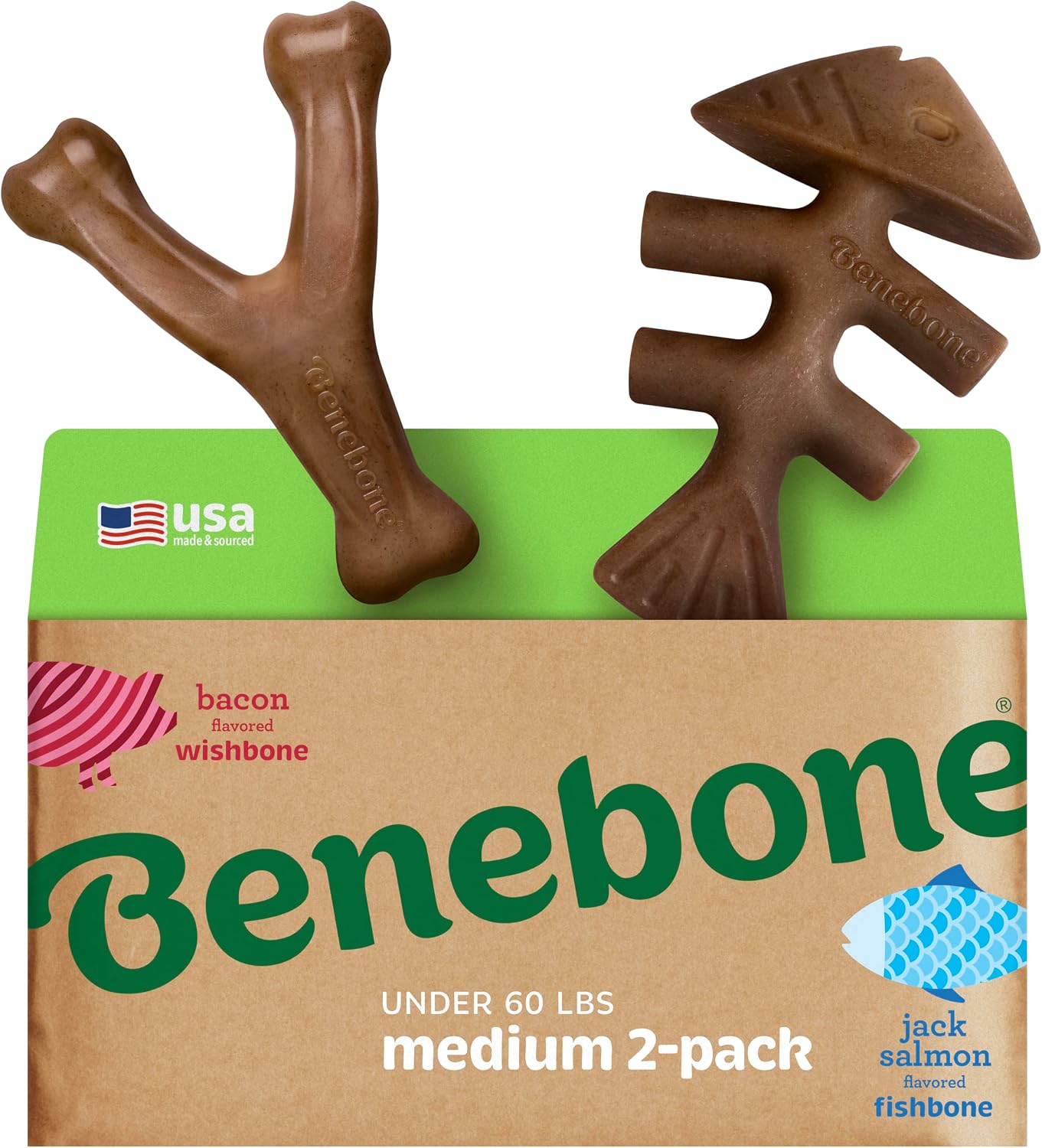 Benebone 2-pack Fishbone/Wishbone Durable Dog Chew Toys, Dog Bones, Medium