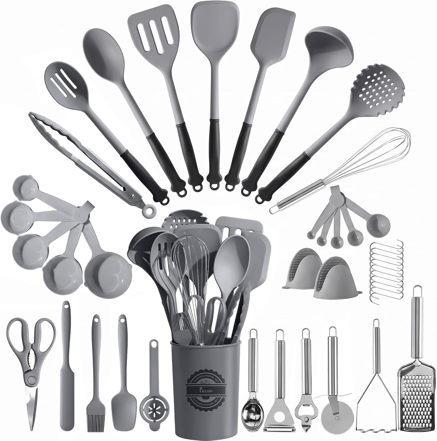 Kikcoin 43 PCS Silicone Kitchen Utensils Set, Dishwasher Safe Kitchen Cooking Utensils Set, 446°F Spatulas Silicone Heat Resistant, Non Toxic Silicone Utensils Set With Two-Tone Grip Handles, Gray